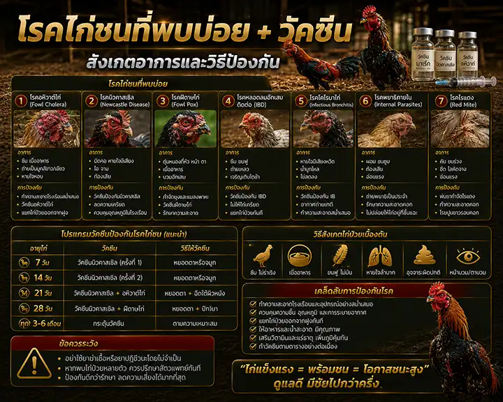 โรคไก่ชนที่พบบ่อย + วัคซีน: สังเกตอาการและวิธีป้องกัน