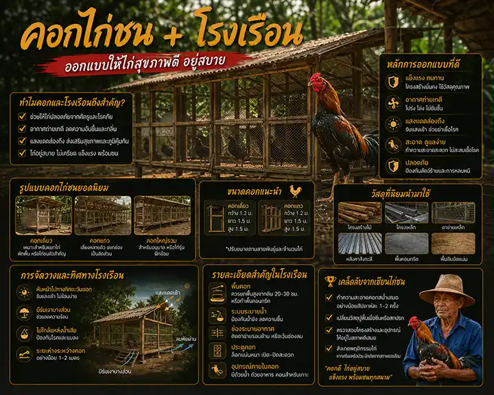คอกไก่ชน + โรงเรือน: ออกแบบให้ไก่สุขภาพดี อยู่สบาย