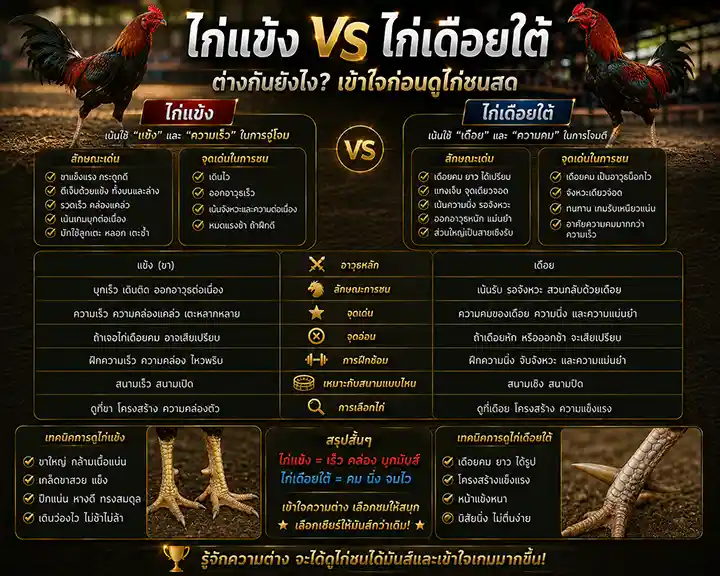 ไก่แข้ง vs ไก่เดือยใต้ ต่างกันยังไง? เข้าใจก่อนดูไก่ชนสด