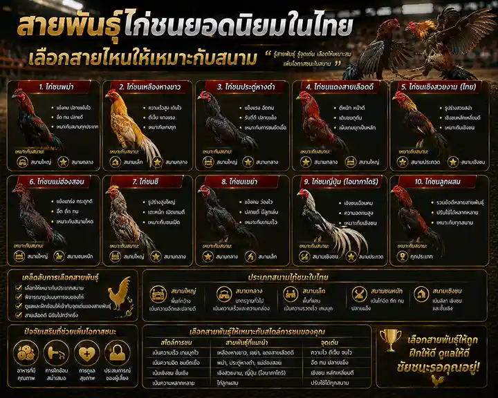 สายพันธุ์ไก่ชนยอดนิยมในไทย: เลือกสายไหนให้เหมาะกับสนาม