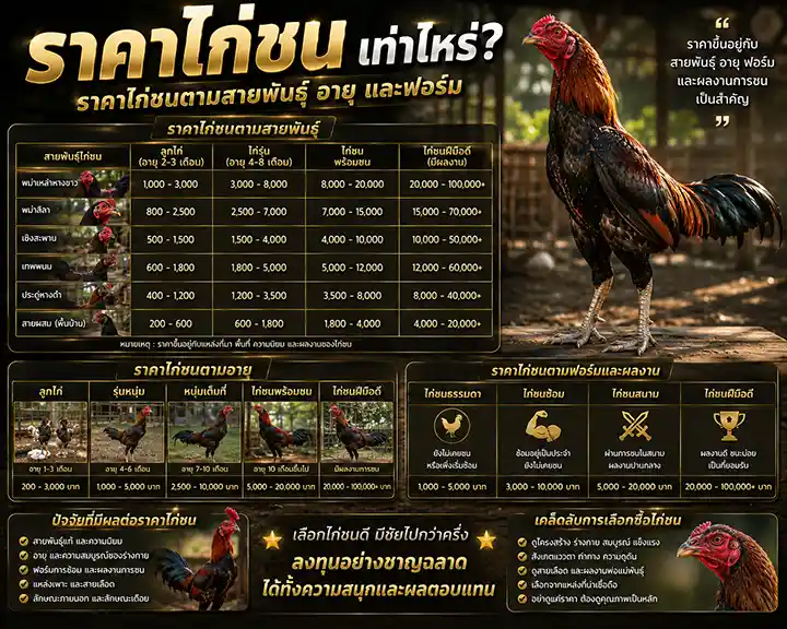 ราคาไก่ชนเท่าไหร่? ราคาไก่ชนตามสายพันธุ์ อายุ และฟอร์ม